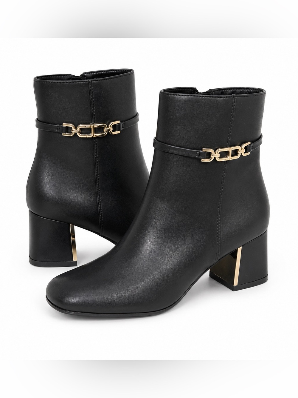 Jones New York Jny-Durling Black Ankle Booties Size 8M Gold Chain Block Heel New